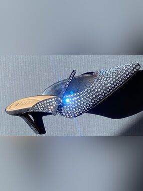 NEW EMBELLISHED SUPER BLING BLACK POINTED TOE MULE HEELS-ELEGANT EVENING SHOE